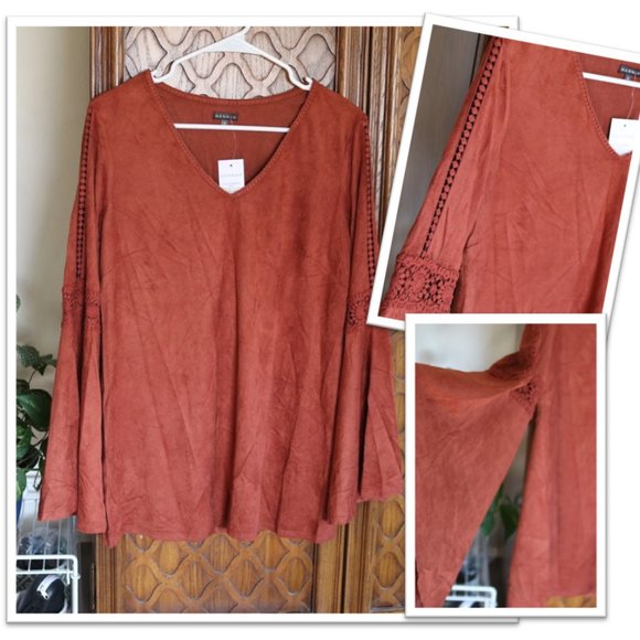 HANNAH Crochet Cutout Faux Suede Bell Sleeve Boho Tunic Top - NWT! - Picture 13 of 14